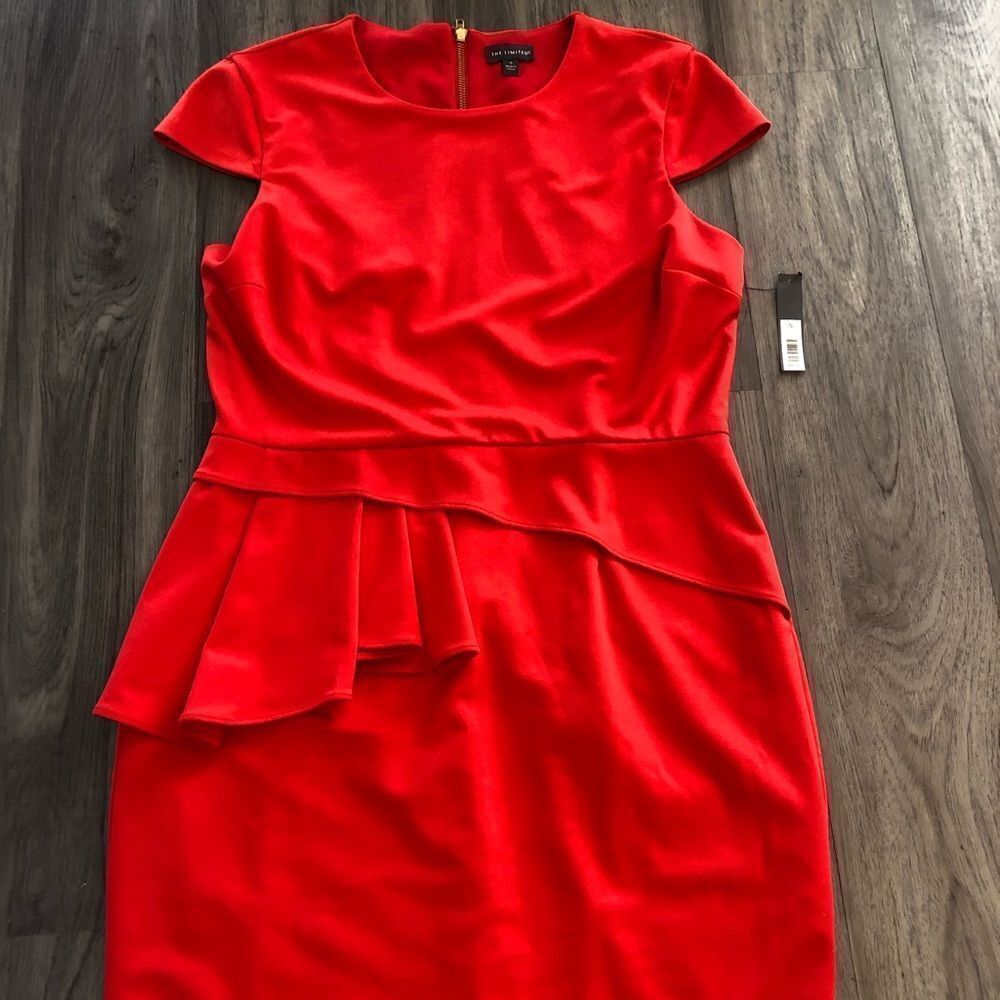 The Limited Red Midi Dress with Asymmetrical Peplum
